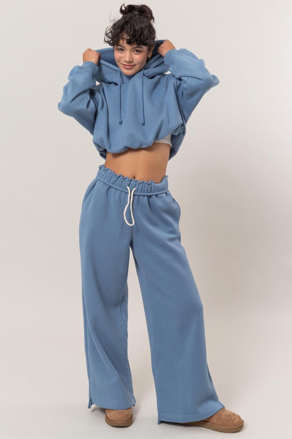 HYFVE - Bubble Hem Cropped Hoodie in Gray Blue