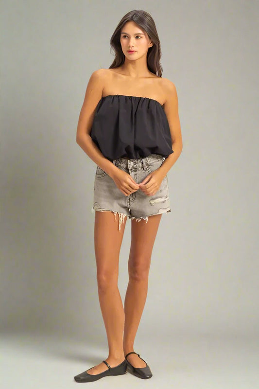 HYFVE - Bubble Hem Strapless Crop Top in Faded Black