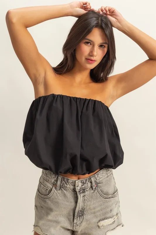 HYFVE - Bubble Hem Strapless Crop Top in Faded Black