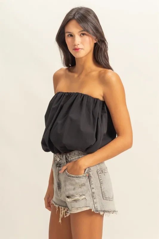 HYFVE - Bubble Hem Strapless Crop Top in Faded Black