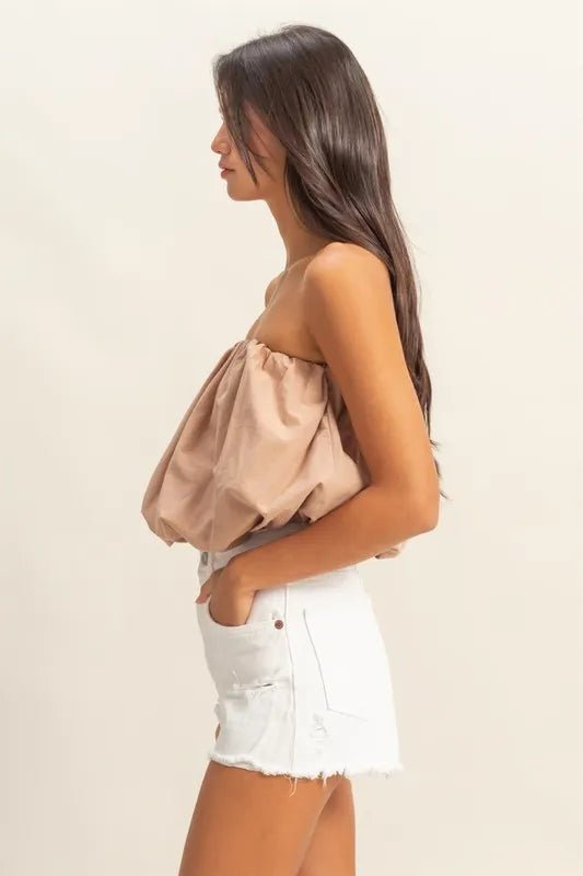 HYFVE - Bubble Hem Strapless Crop Top in Mocha