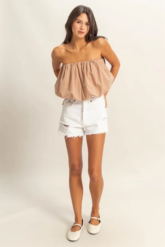 HYFVE - Bubble Hem Strapless Crop Top in Mocha