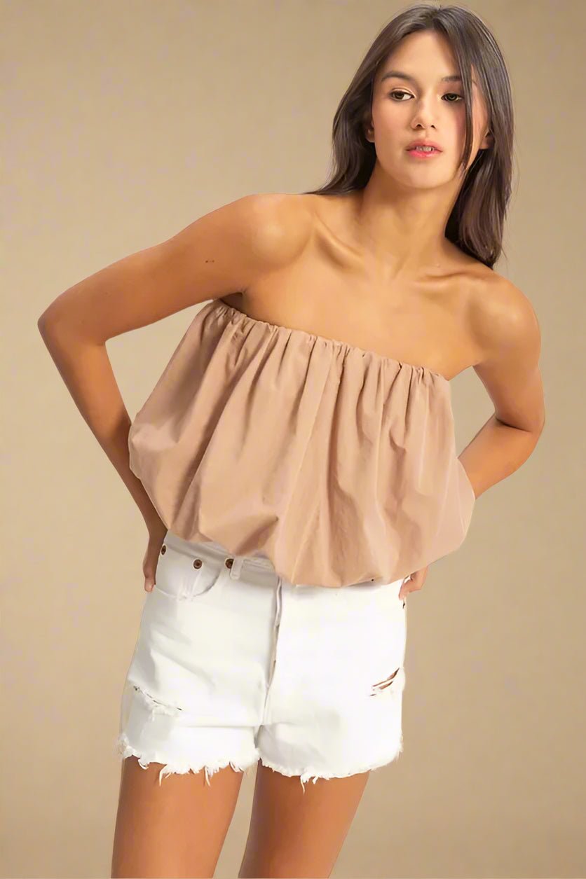 HYFVE - Bubble Hem Strapless Crop Top in Mocha