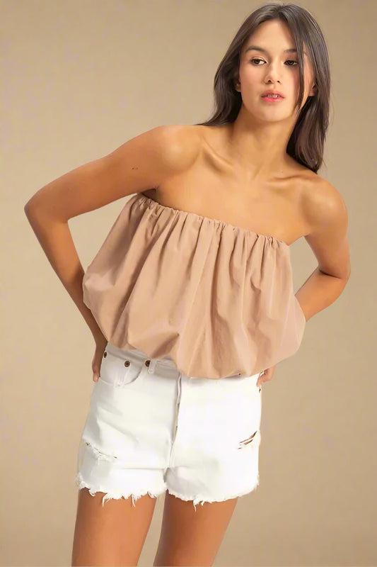 HYFVE - Bubble Hem Strapless Crop Top in Mocha