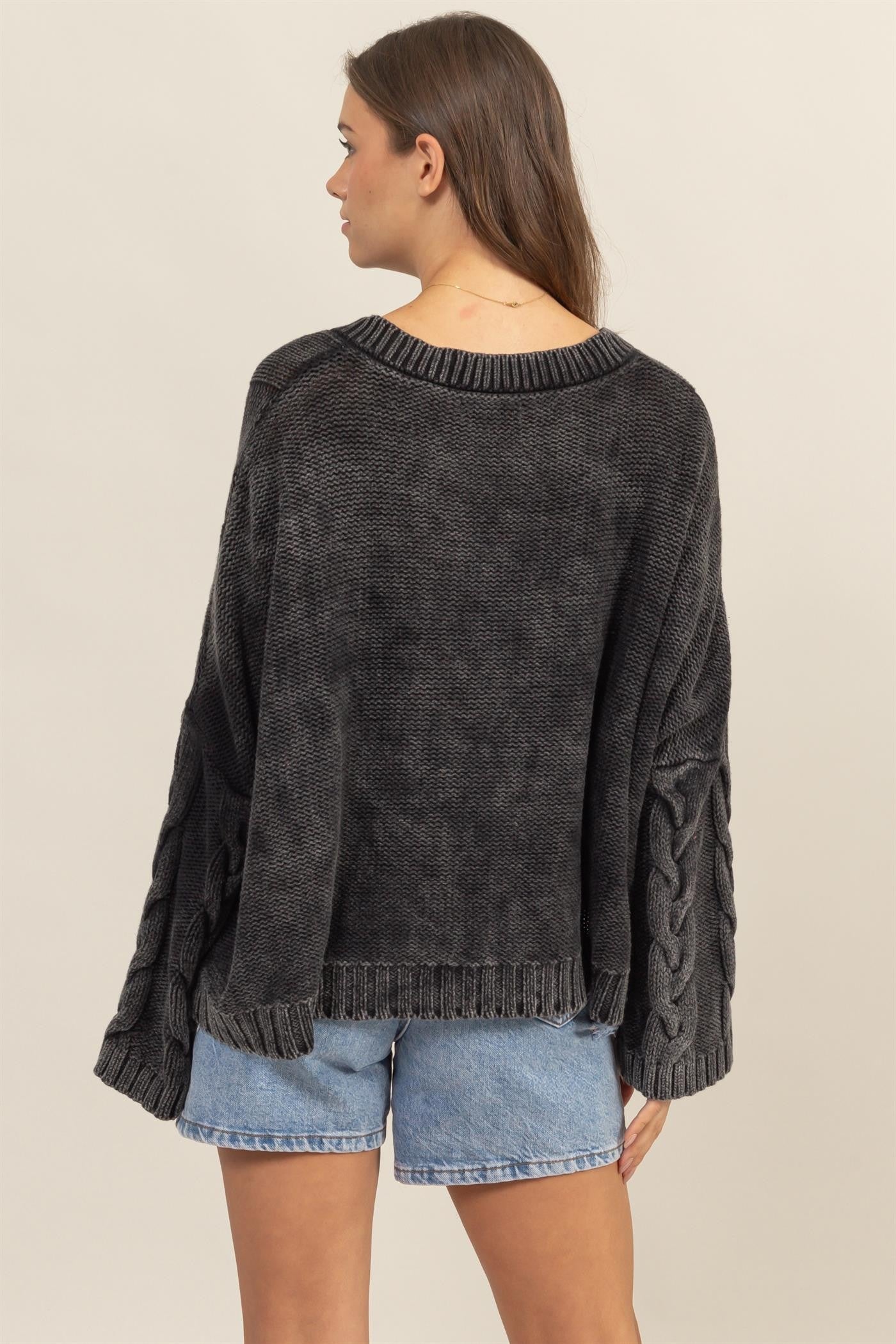 HYFVE - Cable Knit V - Neck Oversized Sweater in Charcoal