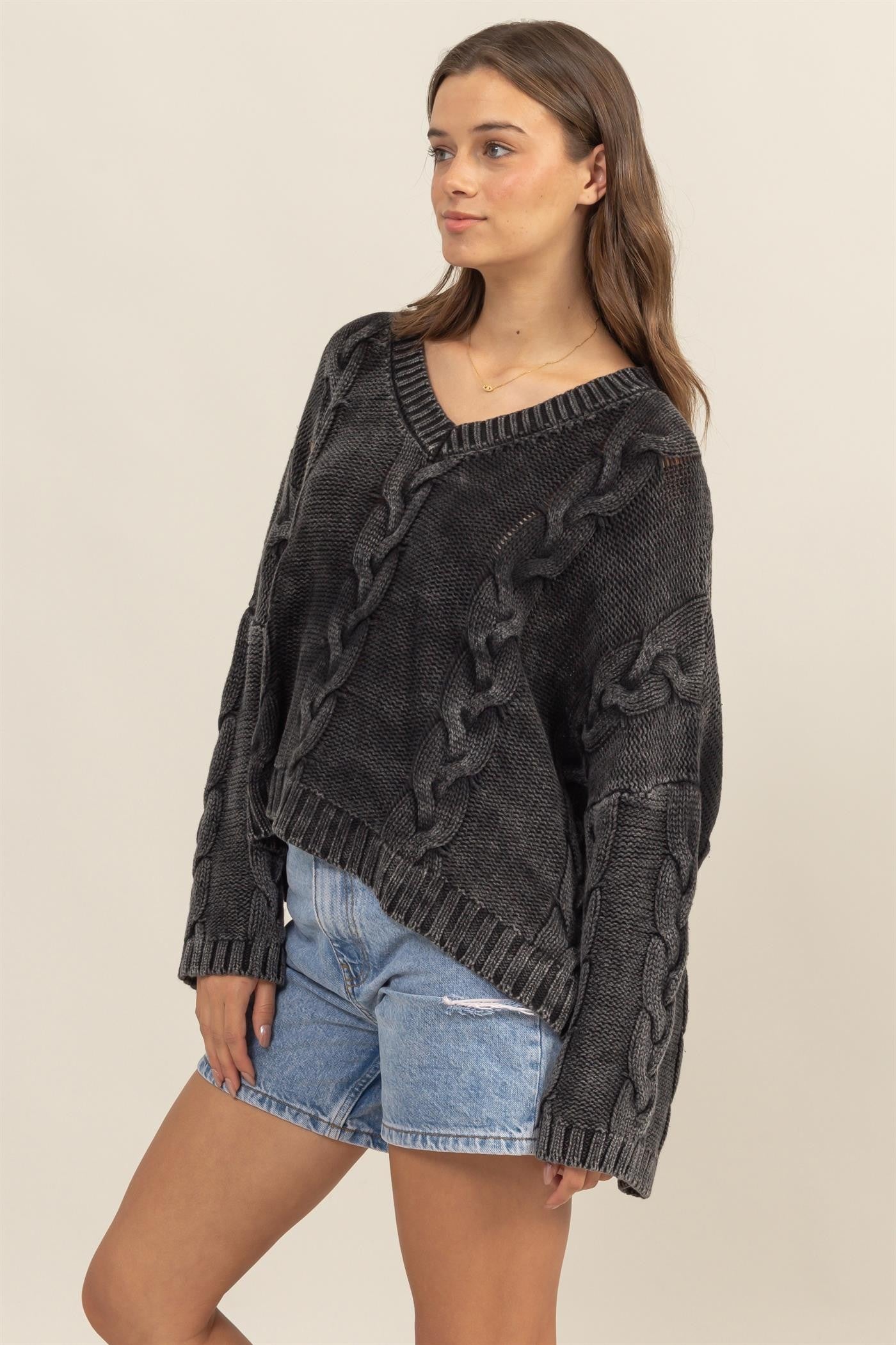 HYFVE - Cable Knit V - Neck Oversized Sweater in Charcoal