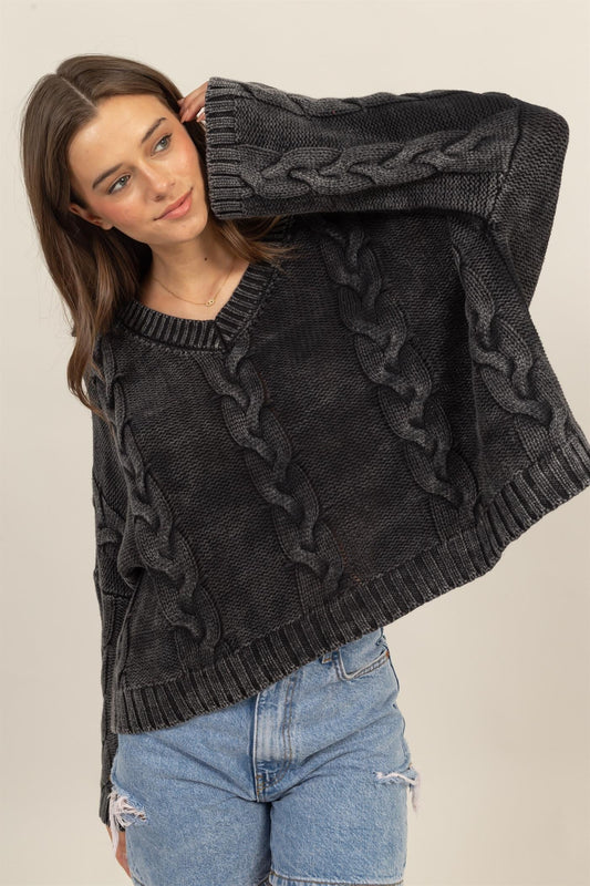 HYFVE - Cable Knit V - Neck Oversized Sweater in Charcoal