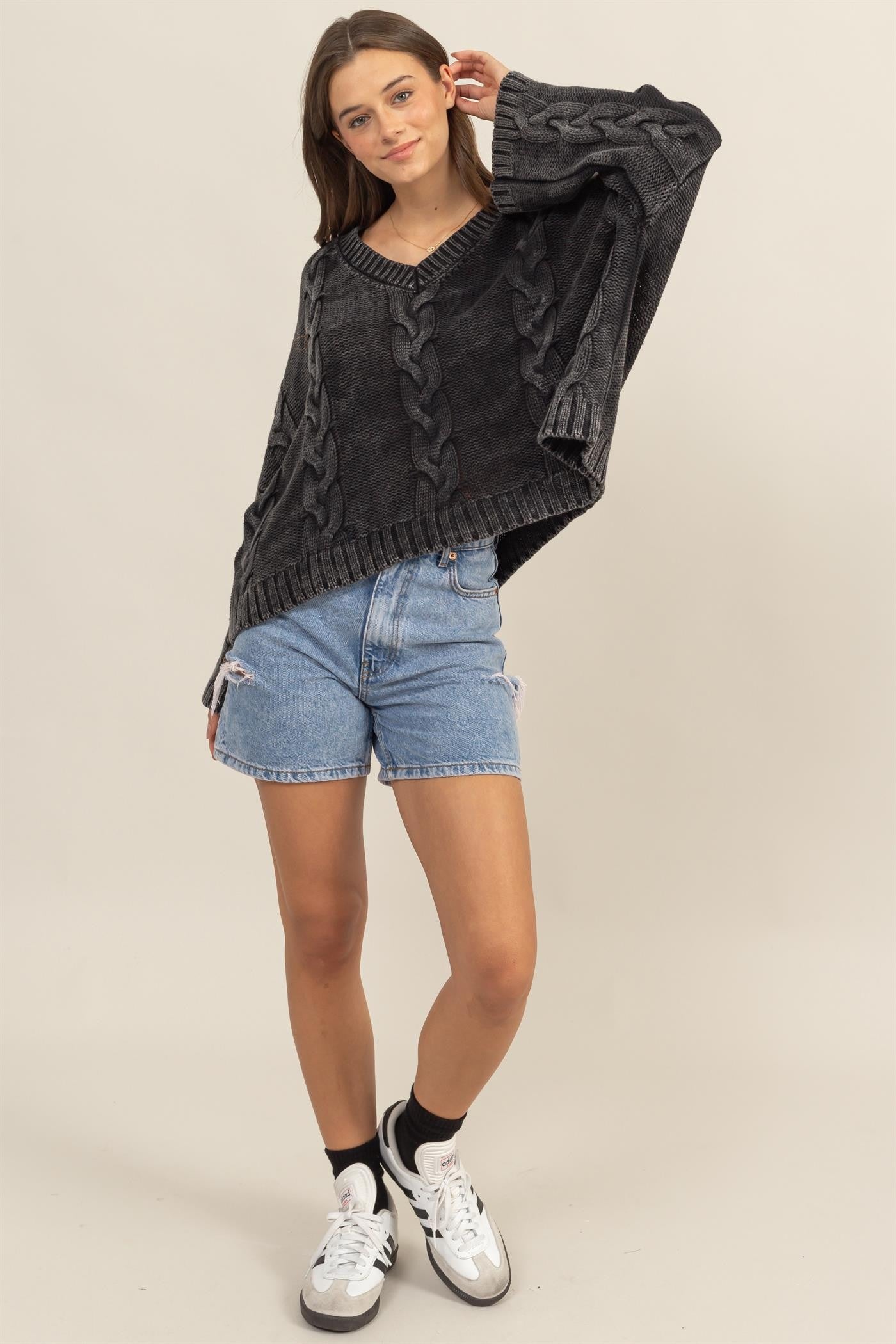 HYFVE - Cable Knit V - Neck Oversized Sweater in Charcoal