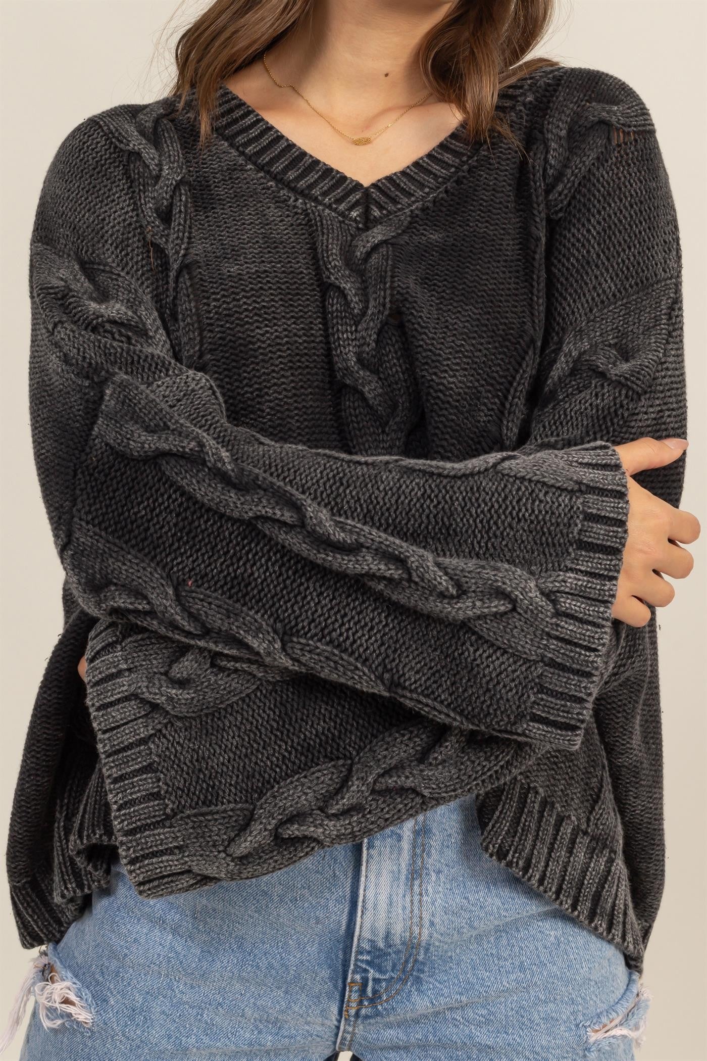 HYFVE - Cable Knit V - Neck Oversized Sweater in Charcoal