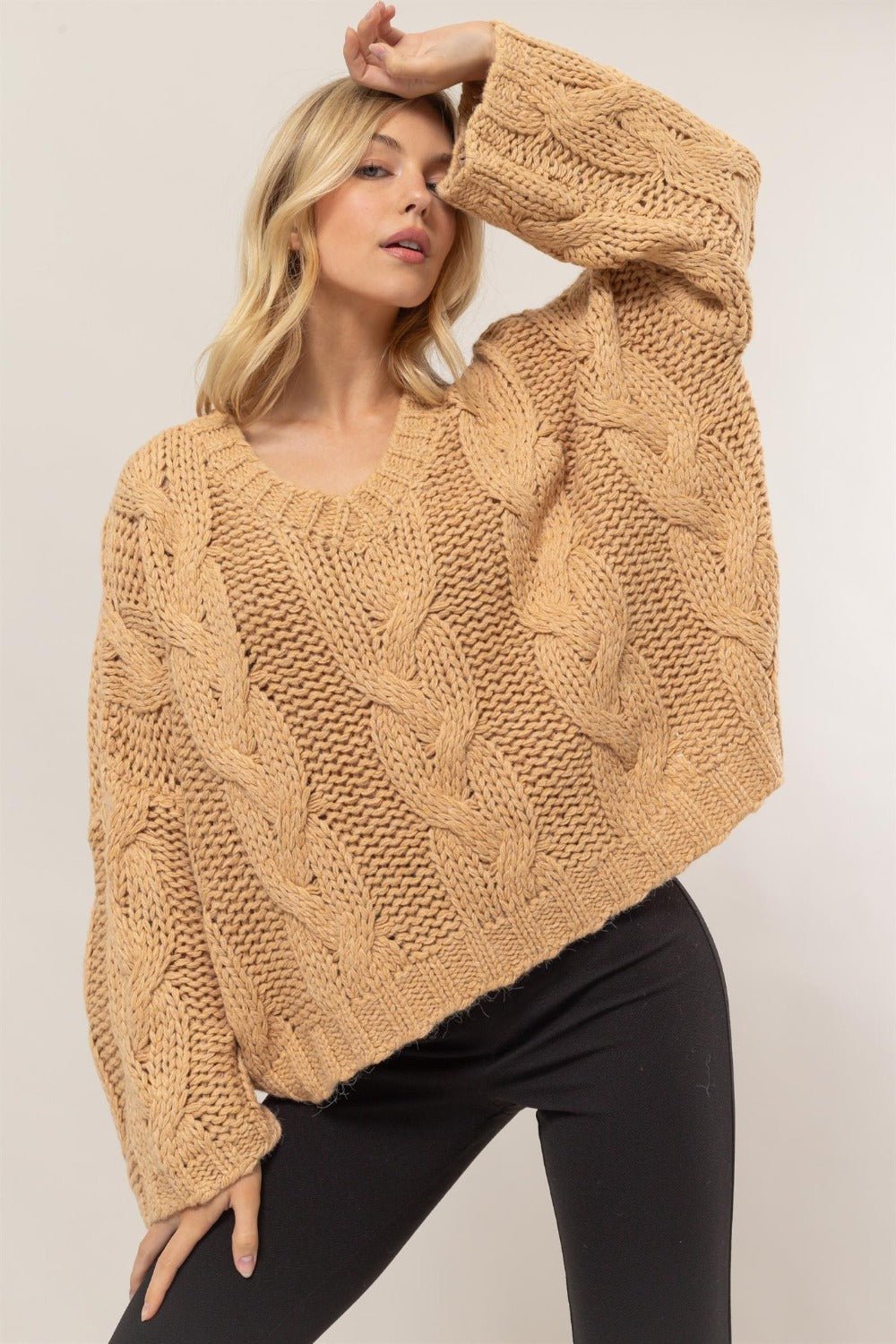 HYFVE - Cable Knit V - Neck Sweater in Taupe