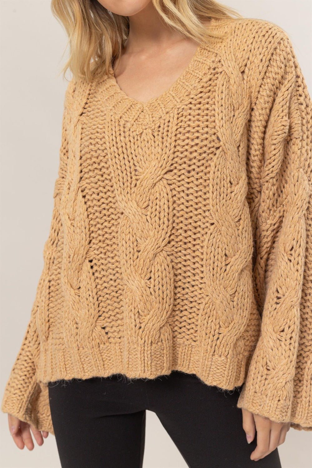 HYFVE - Cable Knit V - Neck Sweater in Taupe