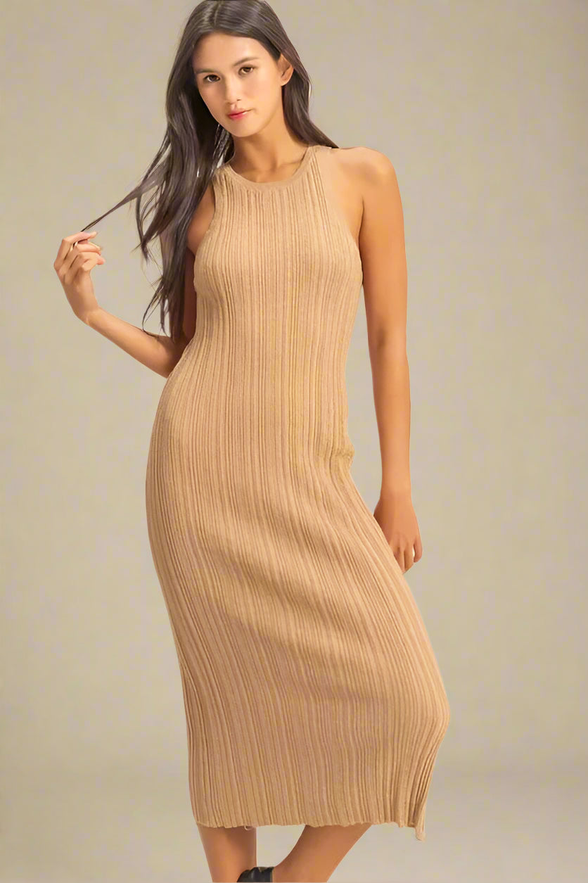 HYFVE - Camel Ribbed Knit Midi Dress