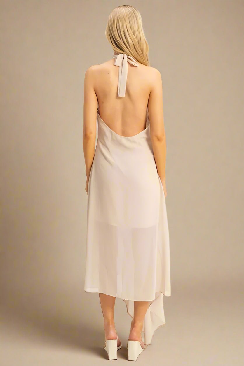 HYFVE - Champagne Beige Halter Neck Sheer Hem Midi Dress