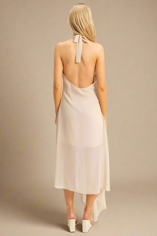HYFVE - Champagne Beige Halter Neck Sheer Hem Midi Dress