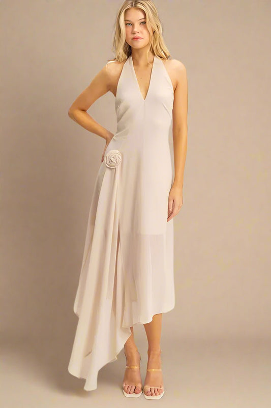 HYFVE - Champagne Beige Halter Neck Sheer Hem Midi Dress