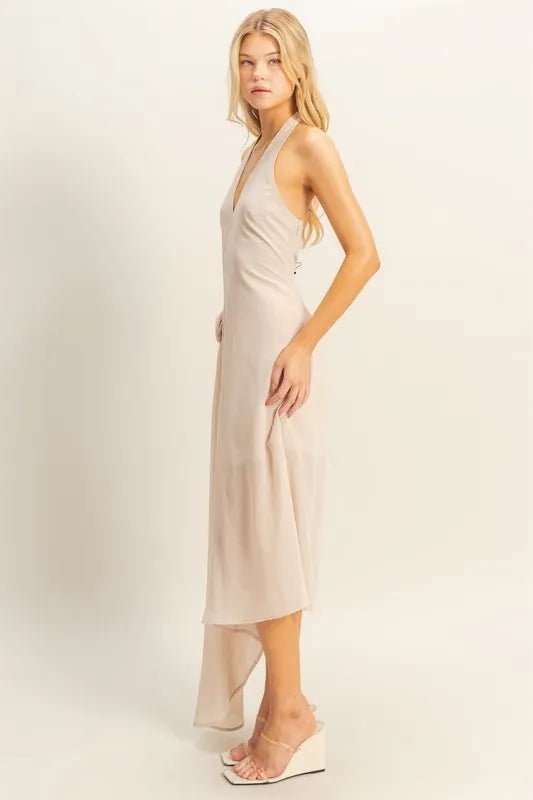 HYFVE - Champagne Beige Halter Neck Sheer Hem Midi Dress