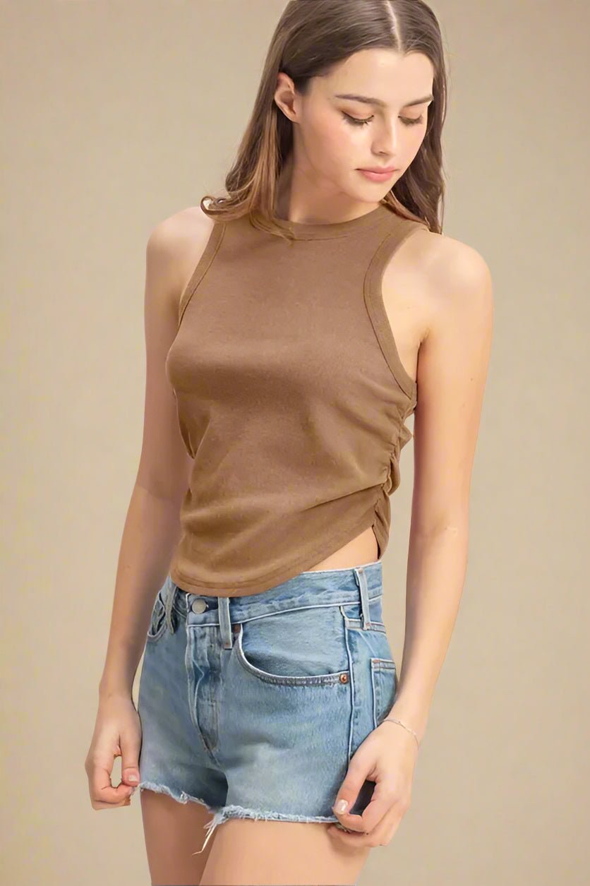 HYFVE - Cocoa Brown Ribbed Side Ruched Tank