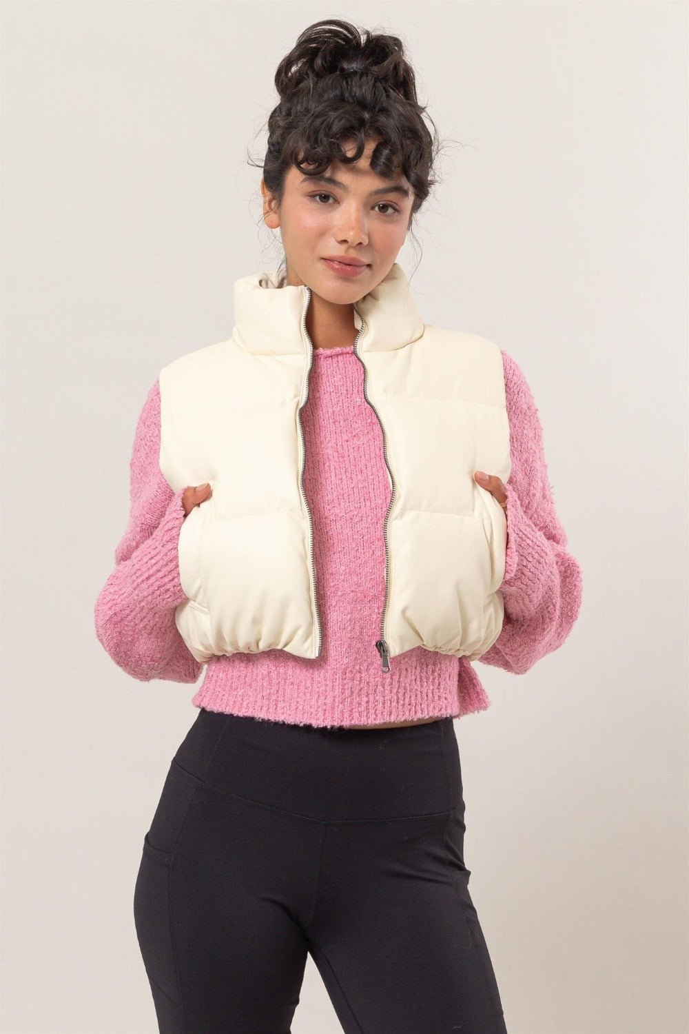 HYFVE - Cropped Zip Puffer Vest in Cream