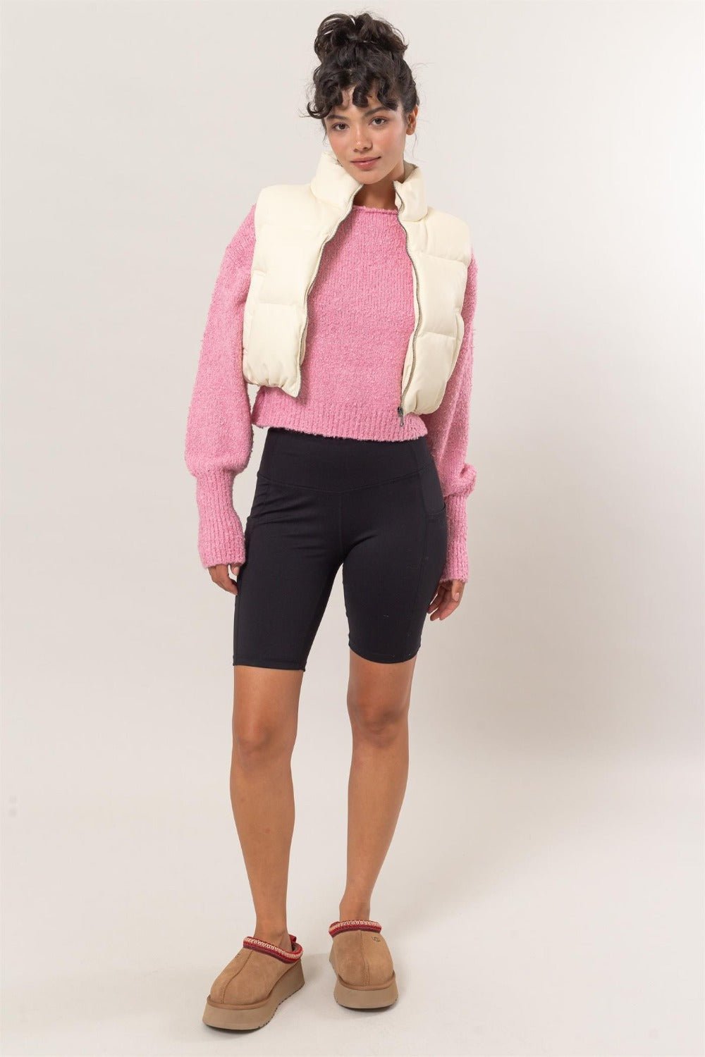 HYFVE - Cropped Zip Puffer Vest in Cream