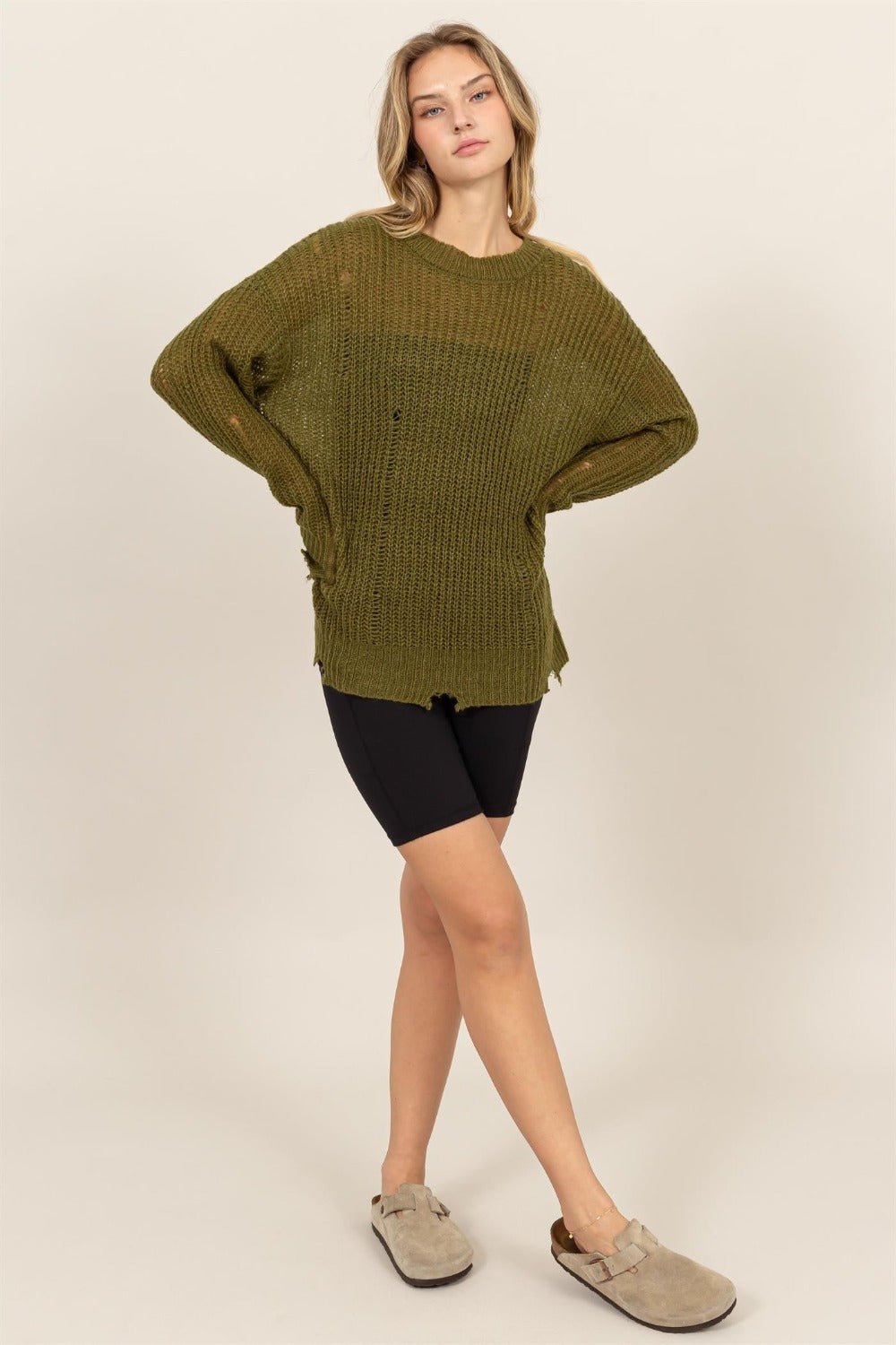 HYFVE - Distressed Long Sleeve Knit Top in Moss