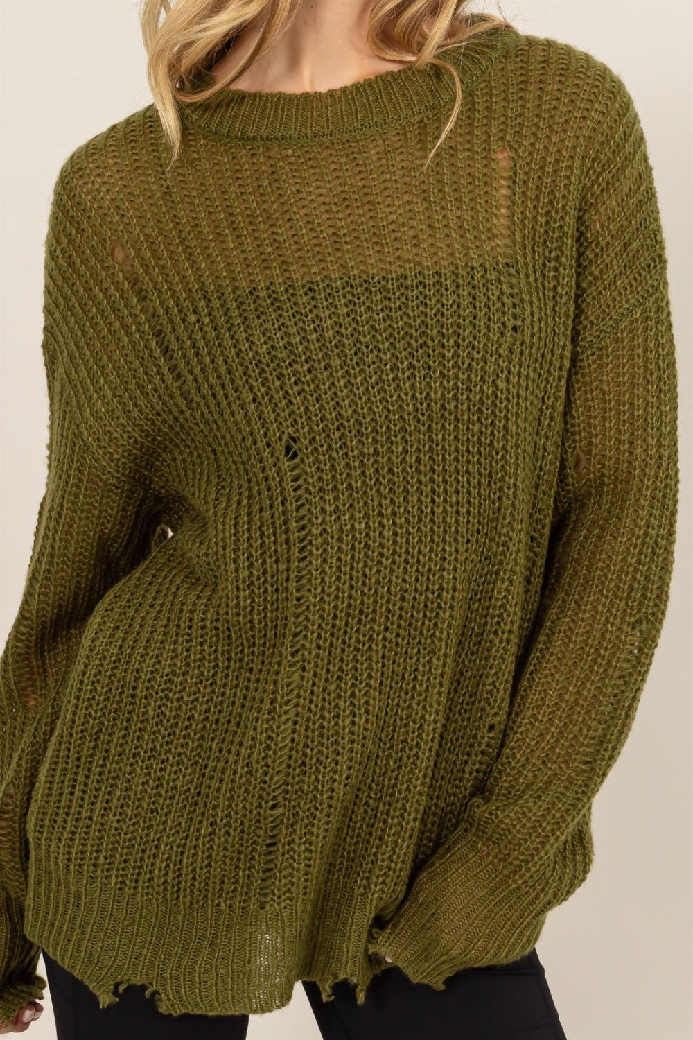 HYFVE - Distressed Long Sleeve Knit Top in Moss