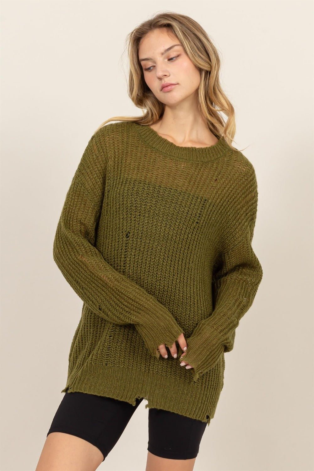 HYFVE - Distressed Long Sleeve Knit Top in Moss