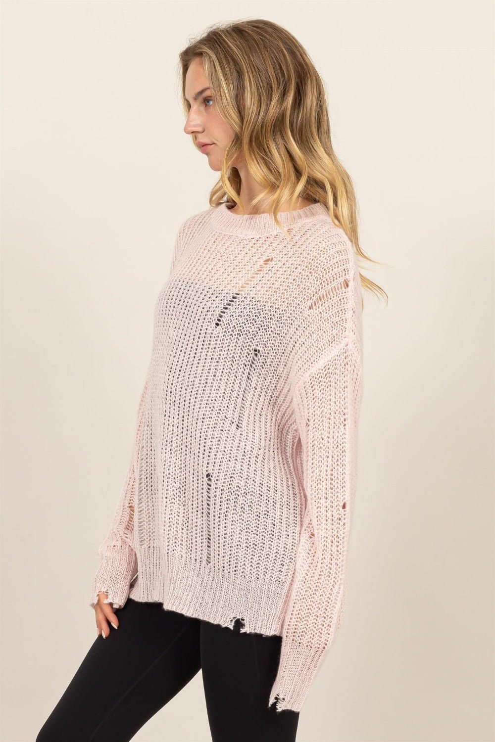 HYFVE - Distressed Long Sleeve Knit Top in Pale Pink