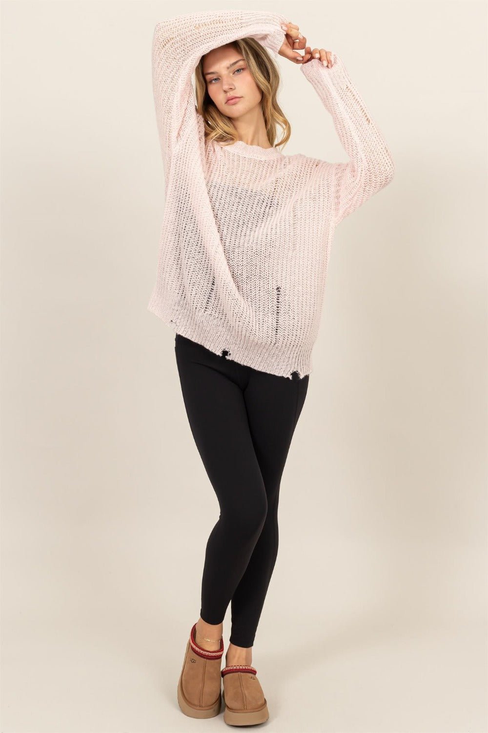 HYFVE - Distressed Long Sleeve Knit Top in Pale Pink