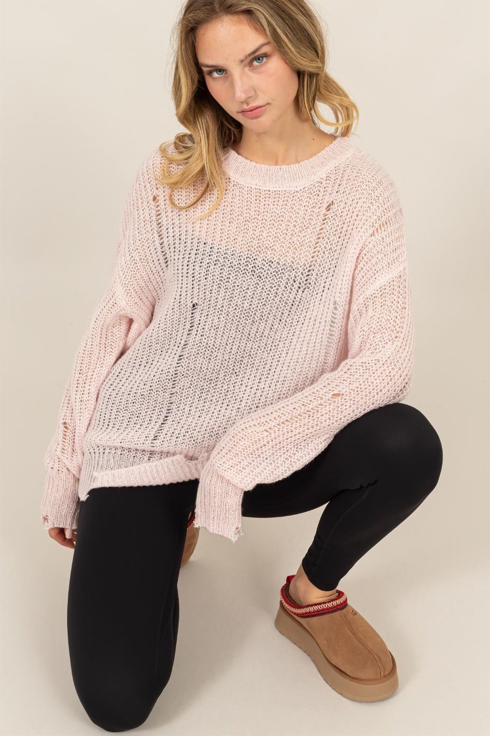 HYFVE - Distressed Long Sleeve Knit Top in Pale Pink