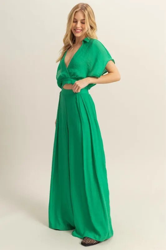 HYFVE - Emerald Wrap Crop Top & Wide Leg Pants Set