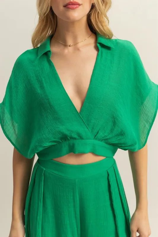 HYFVE - Emerald Wrap Crop Top & Wide Leg Pants Set