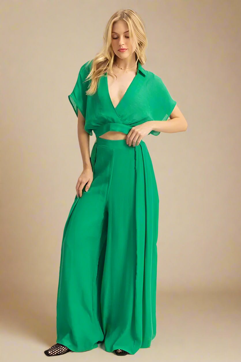 HYFVE - Emerald Wrap Crop Top & Wide Leg Pants Set