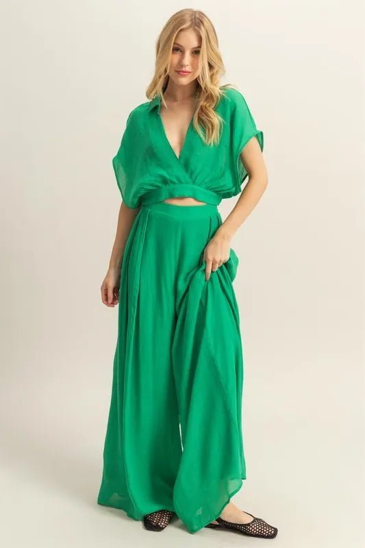 HYFVE - Emerald Wrap Crop Top & Wide Leg Pants Set