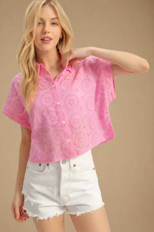 HYFVE - Eyelet Embroidered Button - Up Top – Cotton Candy Pink