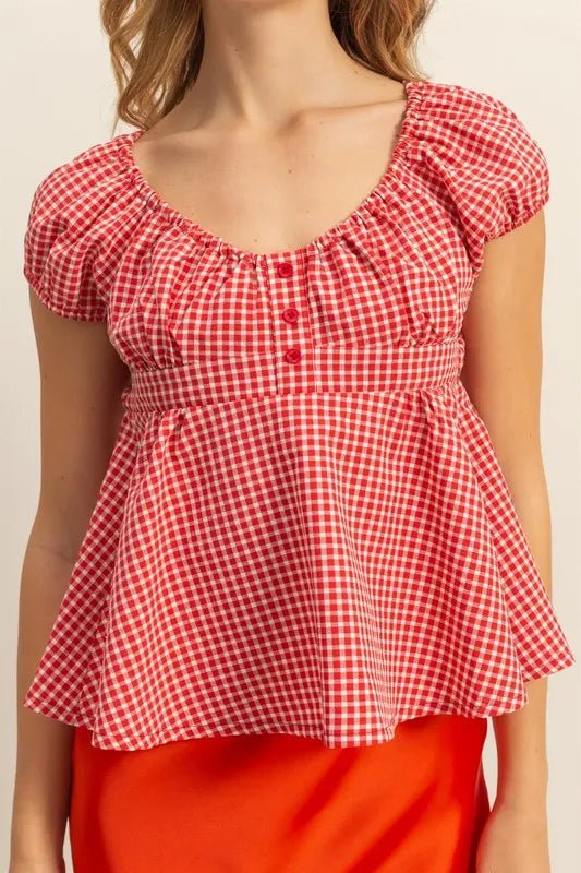 HYFVE - Gingham Peplum Top in Cherry Red