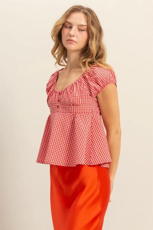 HYFVE - Gingham Peplum Top in Cherry Red