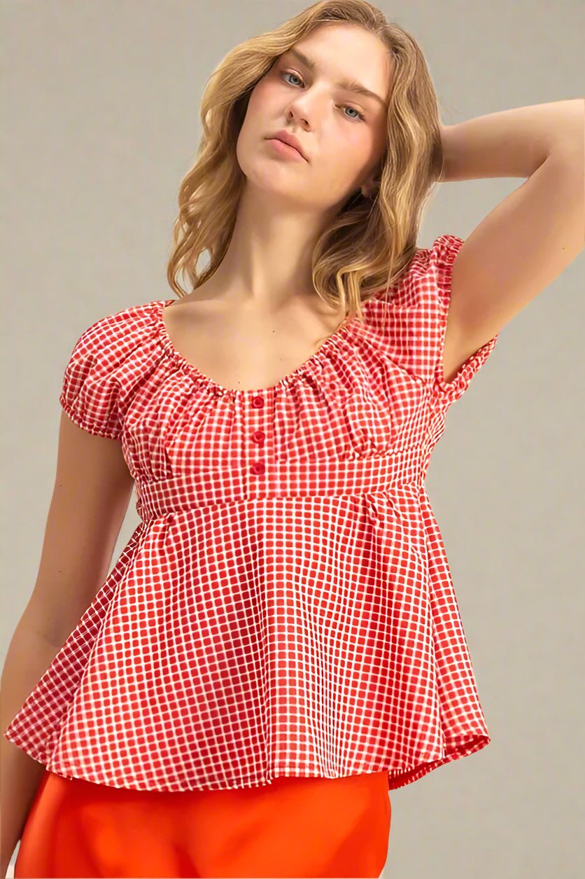 HYFVE - Gingham Peplum Top in Cherry Red