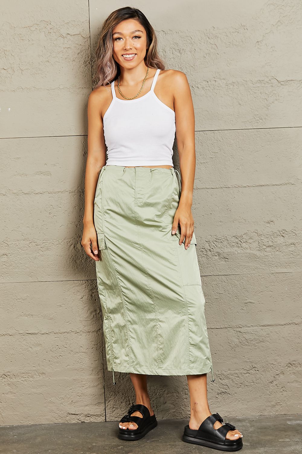 HYFVE - High Waisted Cargo Midi Skirt in Light Green