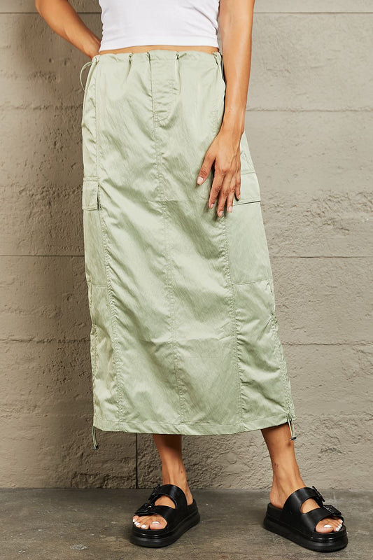 HYFVE - High Waisted Cargo Midi Skirt in Light Green