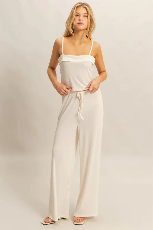 HYFVE - Ivory Rib Knit Lounge Set with Wide Leg Pants
