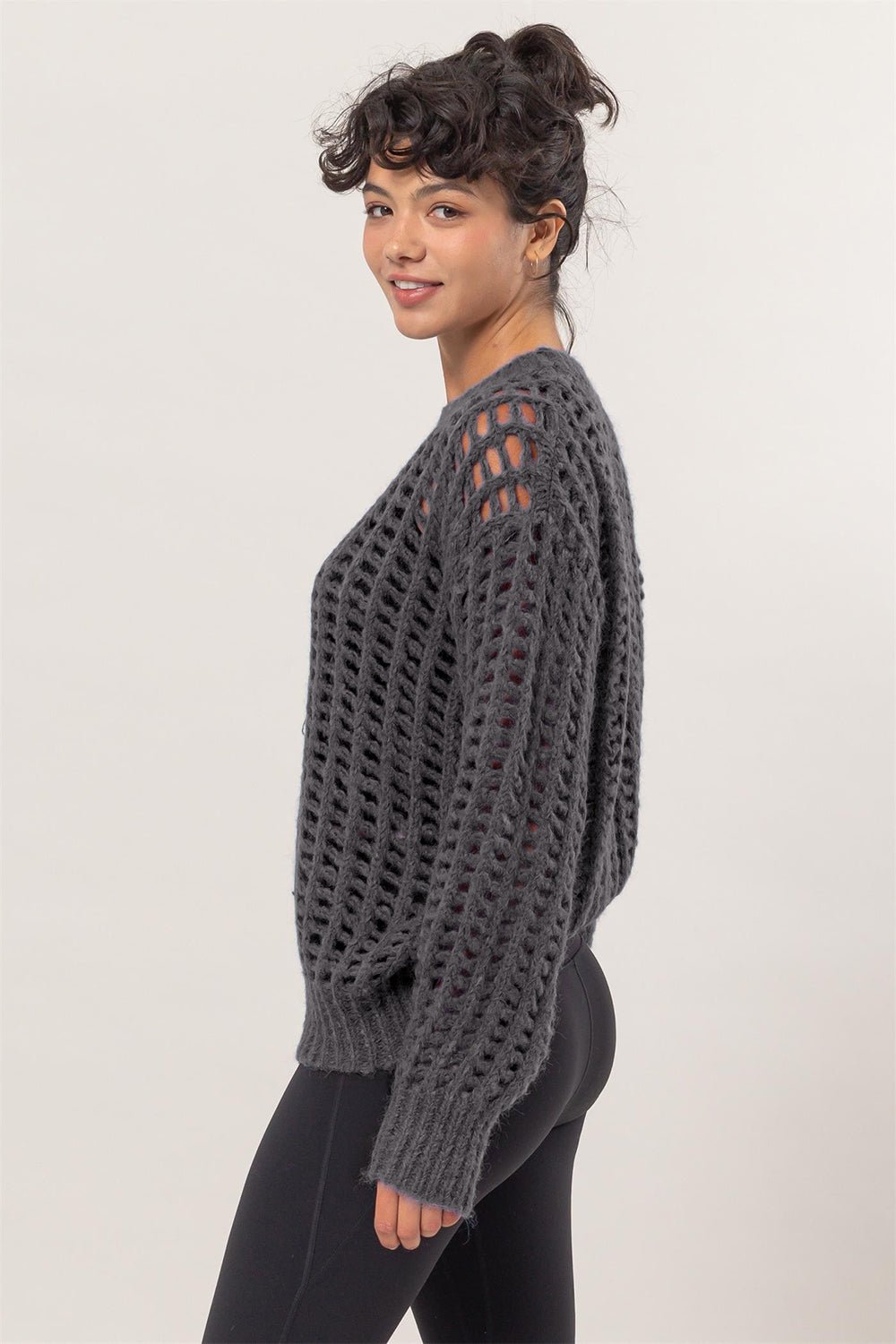 HYFVE - Long Sleeve Crochet Knit Top in Charcoal