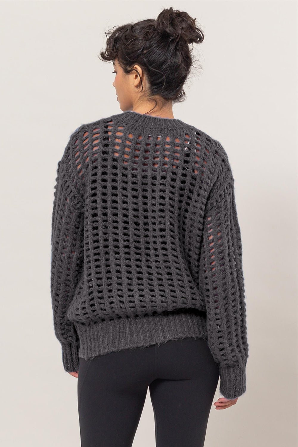 HYFVE - Long Sleeve Crochet Knit Top in Charcoal
