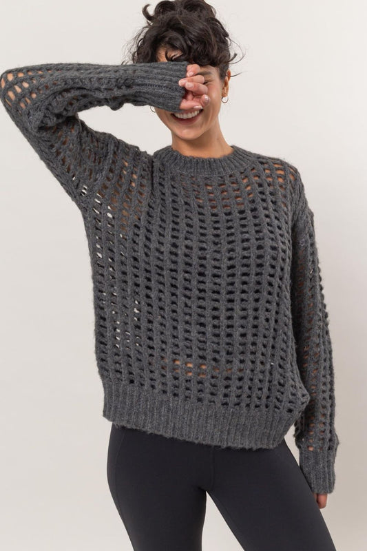 HYFVE - Long Sleeve Crochet Knit Top in Charcoal