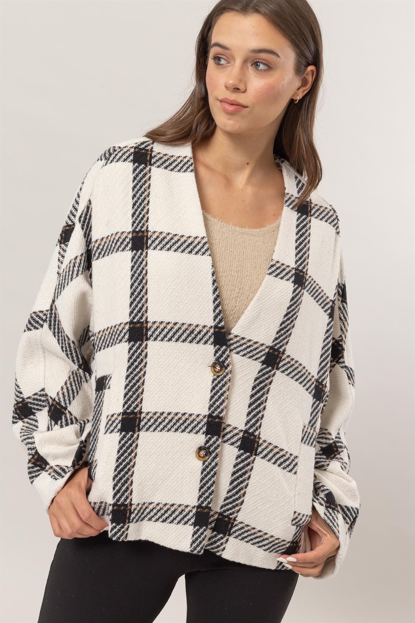 HYFVE - Long Sleeve Plaid Jacket in Cream