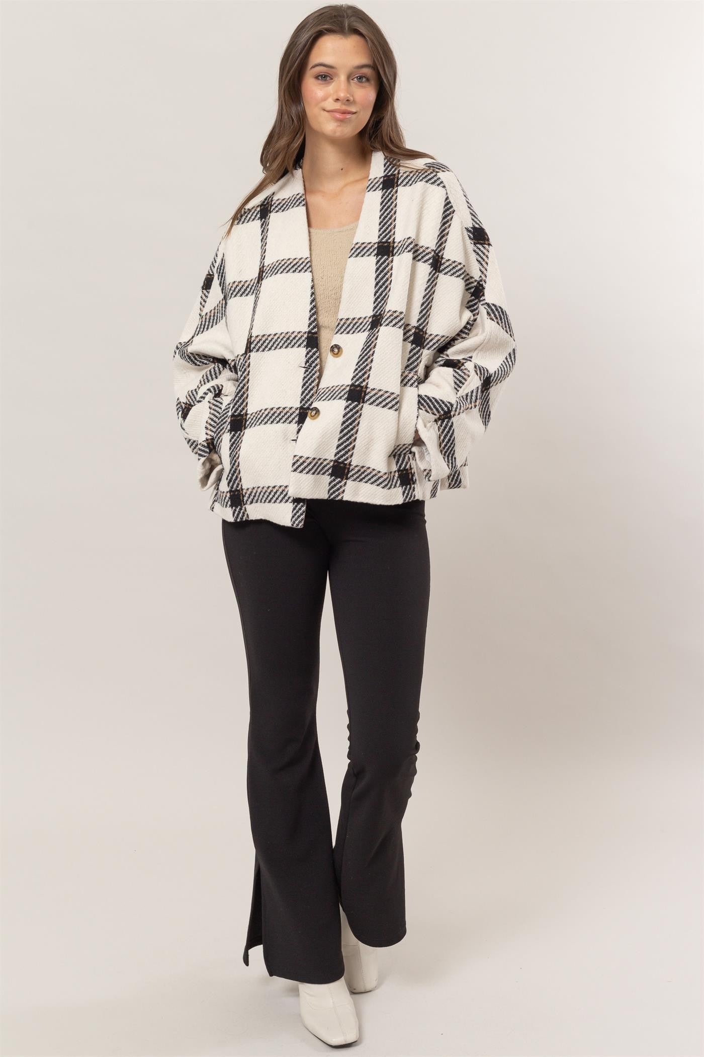 HYFVE - Long Sleeve Plaid Jacket in Cream