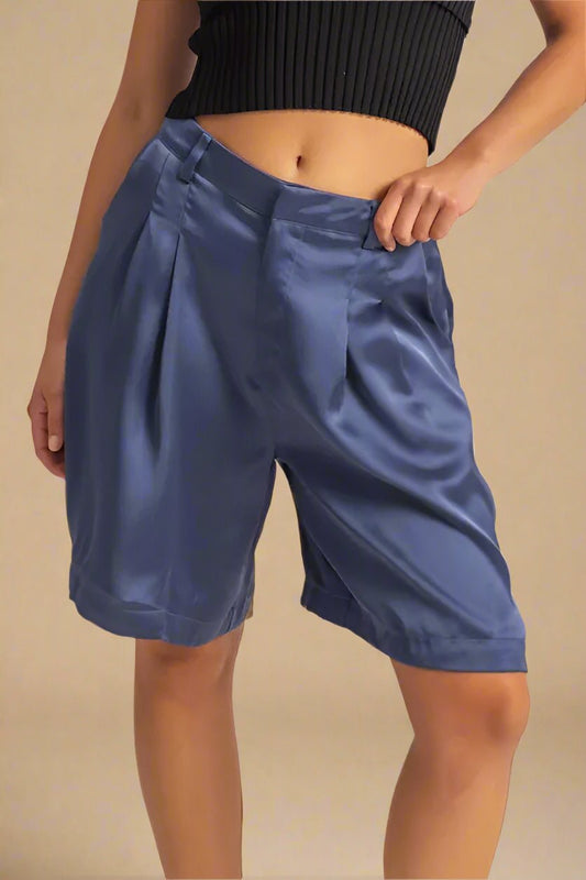 HYFVE - Midnight Navy Satin Pleated Shorts