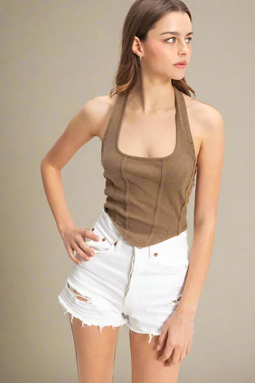 HYFVE - Mocha Rib Knit Halter Top