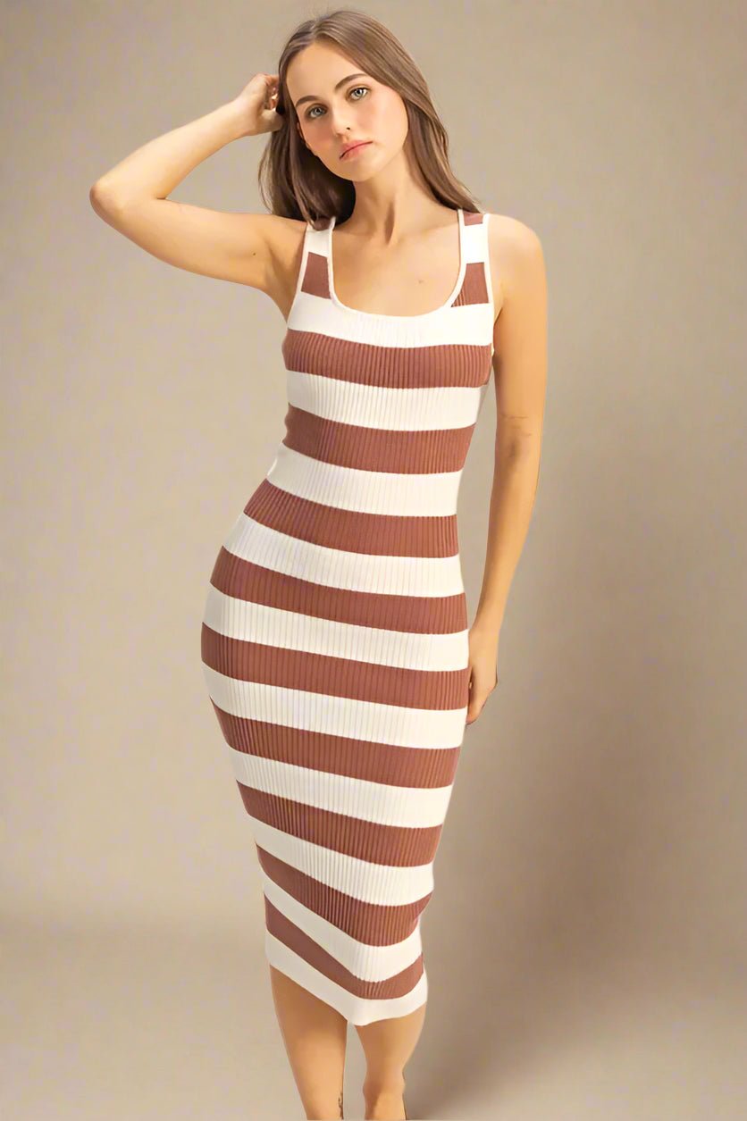 HYFVE - Mocha Stripe Ribbed Bodycon Dress