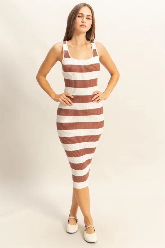 HYFVE - Mocha Stripe Ribbed Bodycon Dress