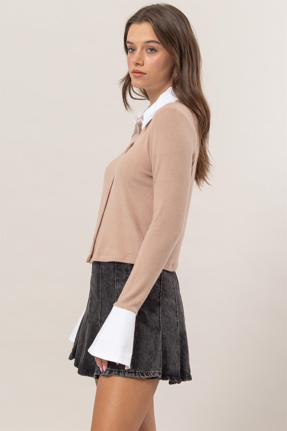 HYFVE - Mock Layered Button Down Cropped Cardigan in Light Mocha